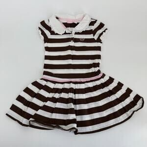 Izod Girls Brown Striped Dress Sz 6 Preppy Y2K Eyelet Collar Polo Style